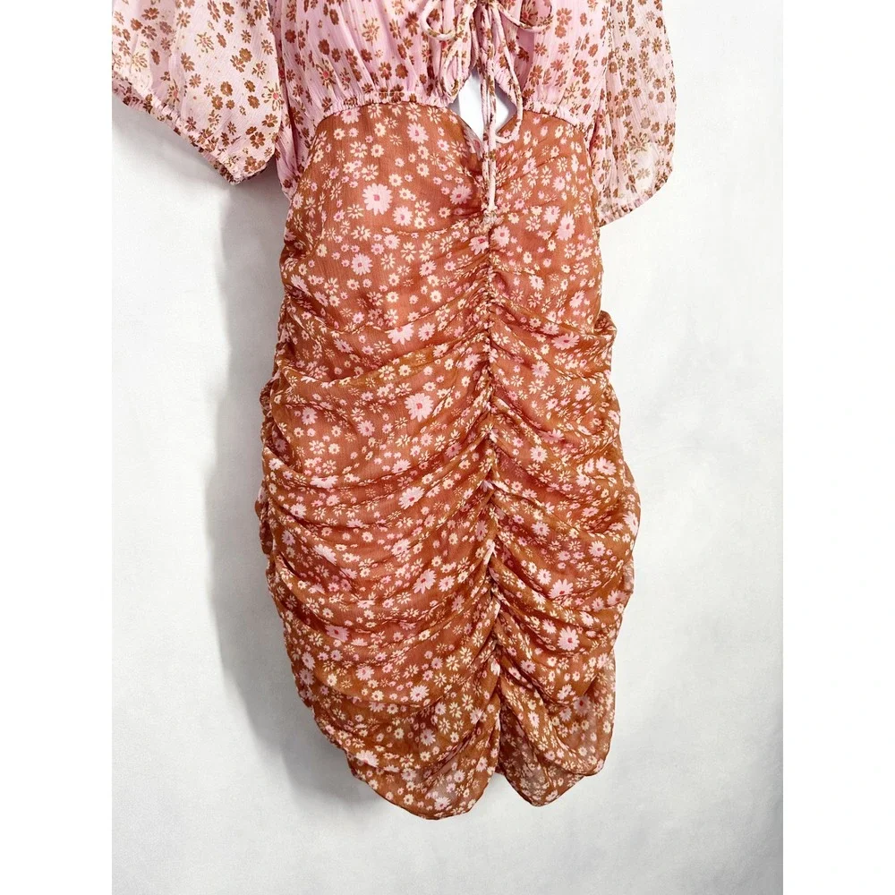 Free‎ People Tessa Floral Ruched Mini Cutout Dress Pink Rust Orange Size Small